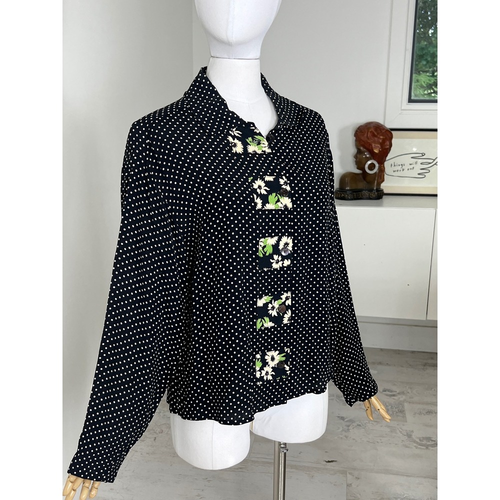 Marla Duran Black Polka Dot Floral Patch Button Down Shirt Vintage Style Rayon